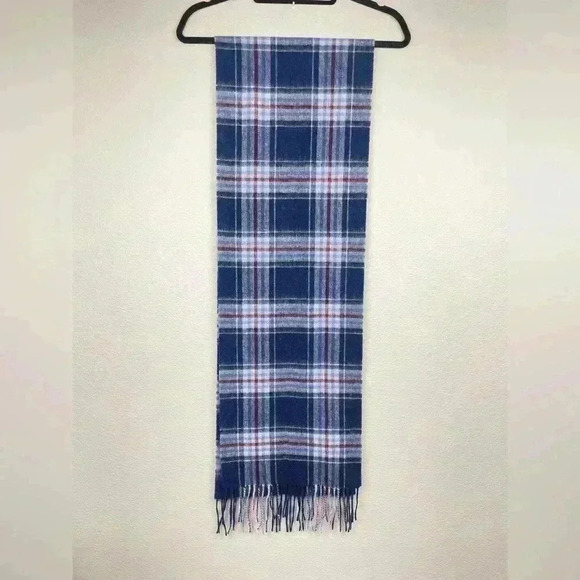 MONOPRIX Unisex One Size 100% Wool Fringe Scarf Blue Plaid Minimalist Essentials - Picture 1 of 13